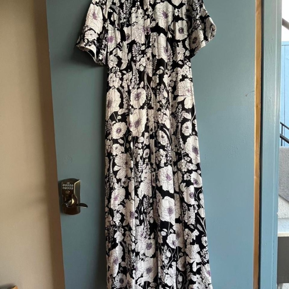 Anthropologie black white floral dress S button front maxi botanical print boho